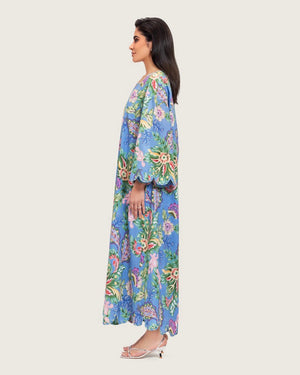Blue Floral Maxi Dress with Square Neckline - Noētic