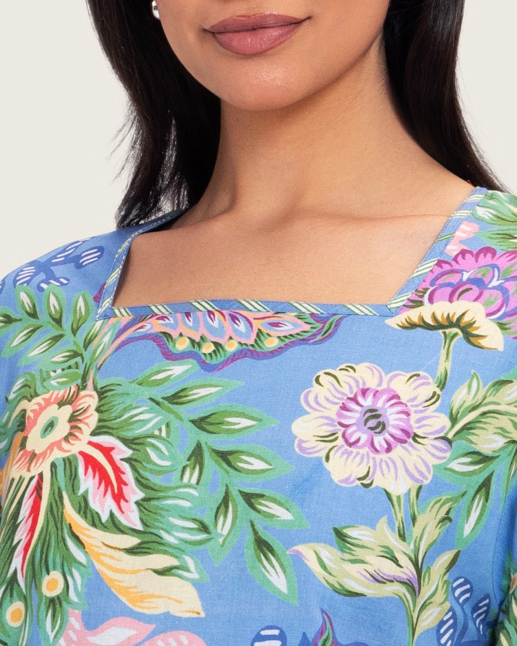 Blue Floral Maxi Dress with Square Neckline - Noētic
