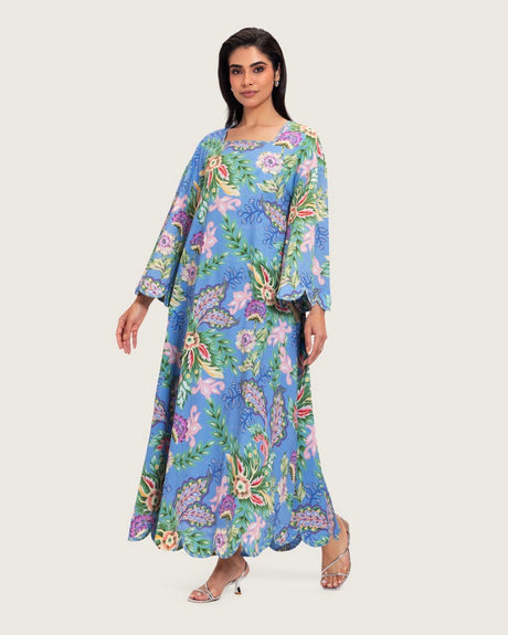 Blue Floral Maxi Dress with Square Neckline - Noētic