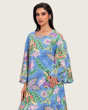 Blue Floral Maxi Dress with Square Neckline - Noētic