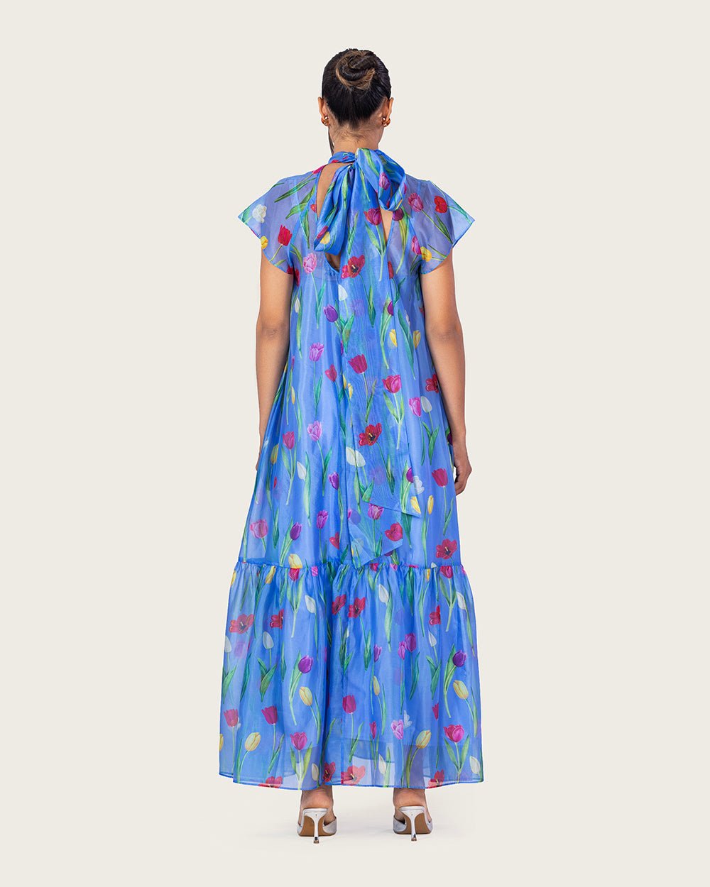 Blue Floral Organza Maxi Dress with Back Tie - Noētic
