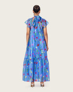 Blue Floral Organza Maxi Dress with Back Tie - Noētic