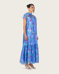 Blue Floral Organza Maxi Dress with Back Tie - Noētic