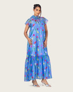 Blue Floral Organza Maxi Dress with Back Tie - Noētic