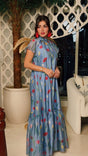 Blue Floral Organza Maxi Dress with Back Tie - Noētic