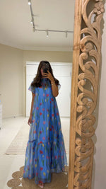 Blue Floral Organza Maxi Dress with Back Tie - Noētic