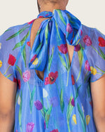 Blue Floral Organza Maxi Dress with Back Tie - Noētic