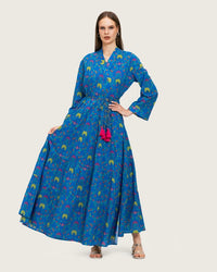 Blue Printed Maxi Wrap Dress with Belt & Tassel Details - Noētic