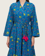 Blue Printed Maxi Wrap Dress with Belt & Tassel Details - Noētic