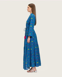 Blue Printed Maxi Wrap Dress with Belt & Tassel Details - Noētic