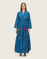 Blue Printed Maxi Wrap Dress with Belt & Tassel Details - Noētic