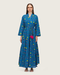 Blue Printed Maxi Wrap Dress with Belt & Tassel Details - Noētic