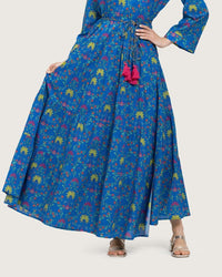 Blue Printed Maxi Wrap Dress with Belt & Tassel Details - Noētic