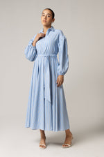 Blue with Tie Belt and Elastic Wristband Dress - Noētic