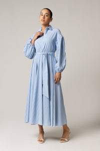 Blue with Tie Belt and Elastic Wristband Dress - Noētic