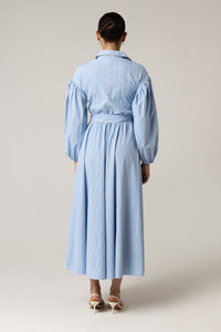 Blue with Tie Belt and Elastic Wristband Dress - Noētic