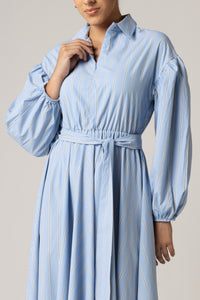 Blue with Tie Belt and Elastic Wristband Dress - Noētic