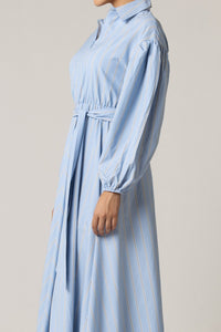 Blue with Tie Belt and Elastic Wristband Dress - Noētic