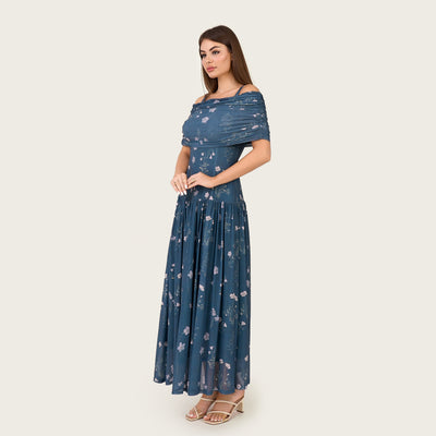 Botanical Mesh Maxi Dress with Draped Overlay - Noētic