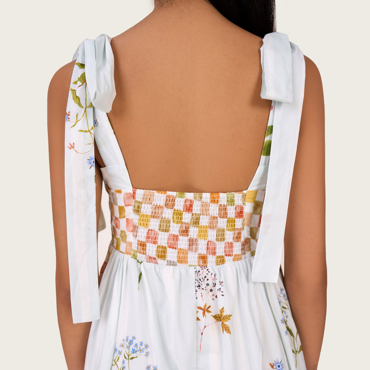 Botanical Poplin Midi Dress with Tie Straps, Smocked Back & Pockets - Noētic