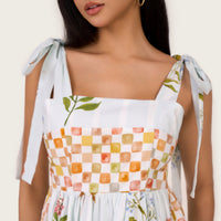 Botanical Poplin Midi Dress with Tie Straps, Smocked Back & Pockets - Noētic