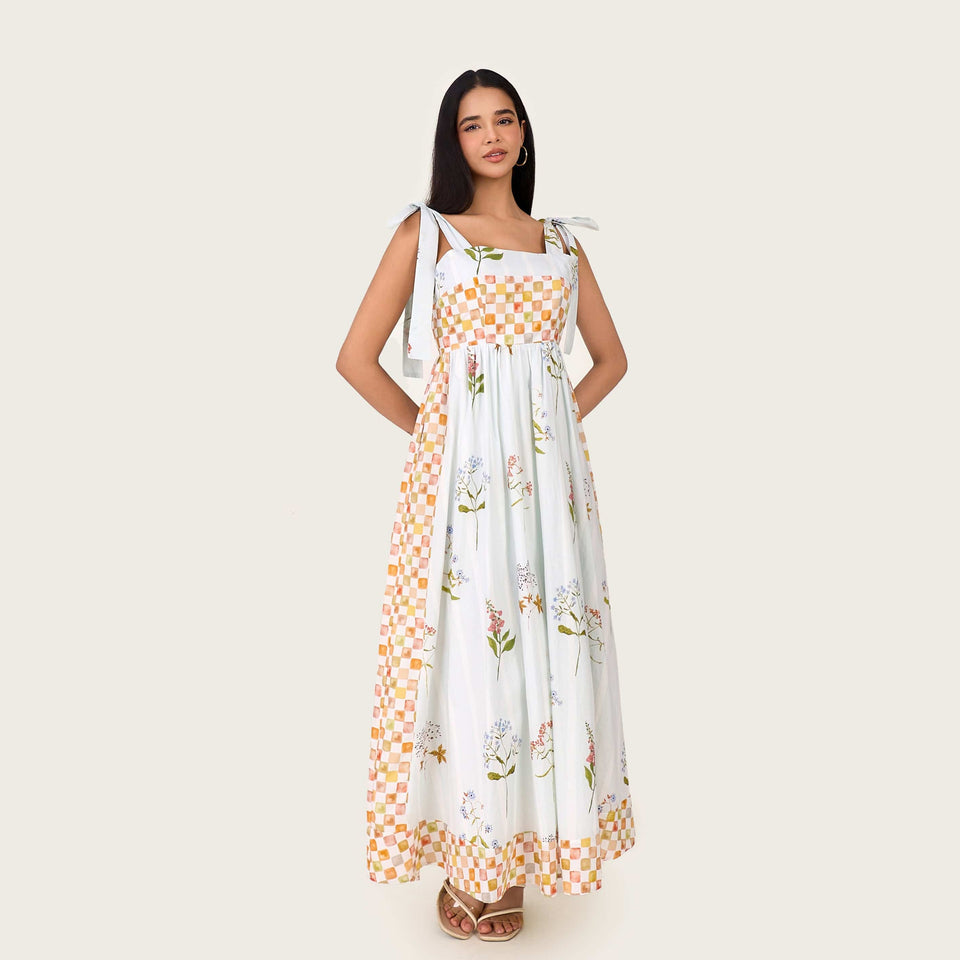 Botanical Poplin Midi Dress with Tie Straps, Smocked Back & Pockets - Noētic
