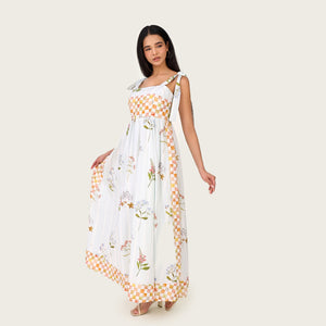 Botanical Poplin Midi Dress with Tie Straps, Smocked Back & Pockets - Noētic
