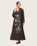 Brown Linen Kaftan with Hand Embellishments and Scalloped Edges - Noētic