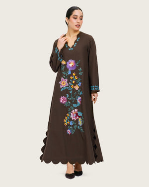 Brown Linen Kaftan with Hand Embellishments and Scalloped Edges - Noētic