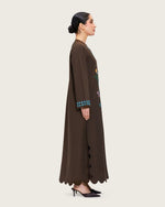 Brown Linen Kaftan with Hand Embellishments and Scalloped Edges - Noētic