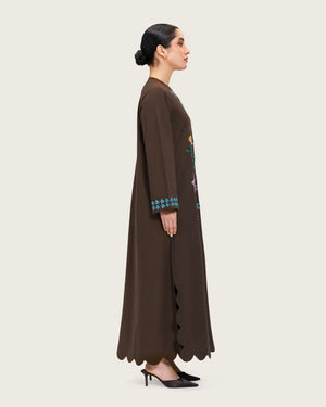 Brown Linen Kaftan with Hand Embellishments and Scalloped Edges - Noētic