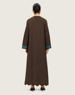 Brown Linen Kaftan with Hand Embellishments and Scalloped Edges - Noētic