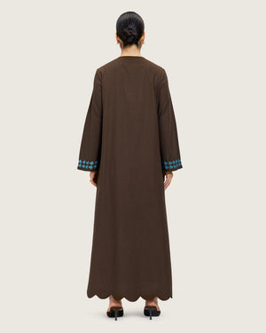 Brown Linen Kaftan with Hand Embellishments and Scalloped Edges - Noētic