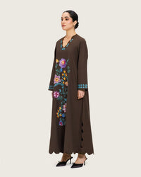 Brown Linen Kaftan with Hand Embellishments and Scalloped Edges - Noētic