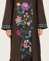 Brown Linen Kaftan with Hand Embellishments and Scalloped Edges - Noētic