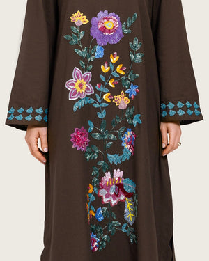 Brown Linen Kaftan with Hand Embellishments and Scalloped Edges - Noētic