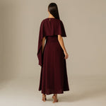 Burgundy Embellished Crepe Cape Dress - Noētic