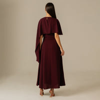Burgundy Embellished Crepe Cape Dress - Noētic