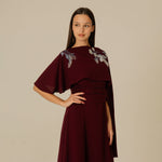 Burgundy Embellished Crepe Cape Dress - Noētic