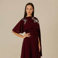 Burgundy Embellished Crepe Cape Dress - Noētic