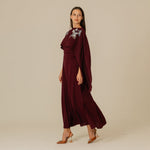 Burgundy Embellished Crepe Cape Dress - Noētic
