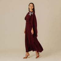 Burgundy Embellished Crepe Cape Dress - Noētic