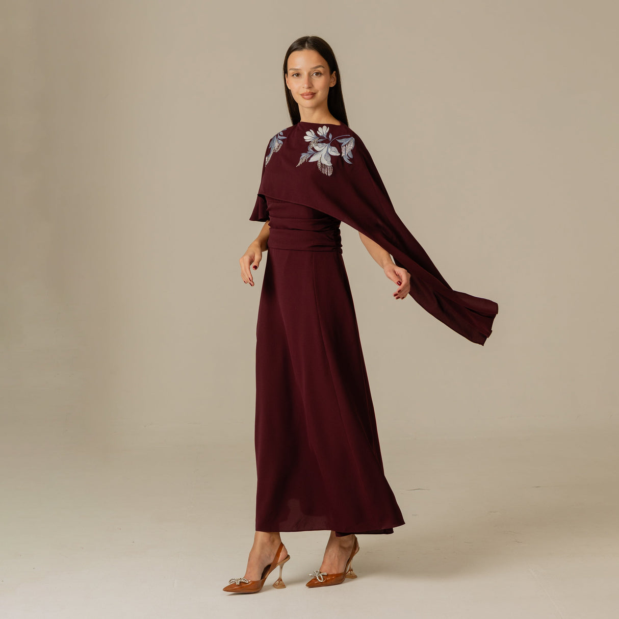 Burgundy Embellished Crepe Cape Dress - Noētic