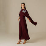 Burgundy Embellished Crepe Cape Dress - Noētic