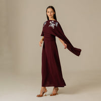 Burgundy Embellished Crepe Cape Dress - Noētic