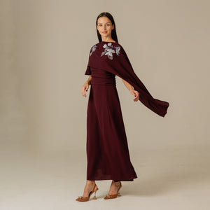 Burgundy Embellished Crepe Cape Dress - Noētic