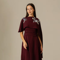 Burgundy Embellished Crepe Cape Dress - Noētic