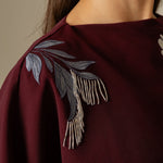 Burgundy Embellished Crepe Cape Dress - Noētic