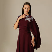 Burgundy Embellished Crepe Cape Dress - Noētic