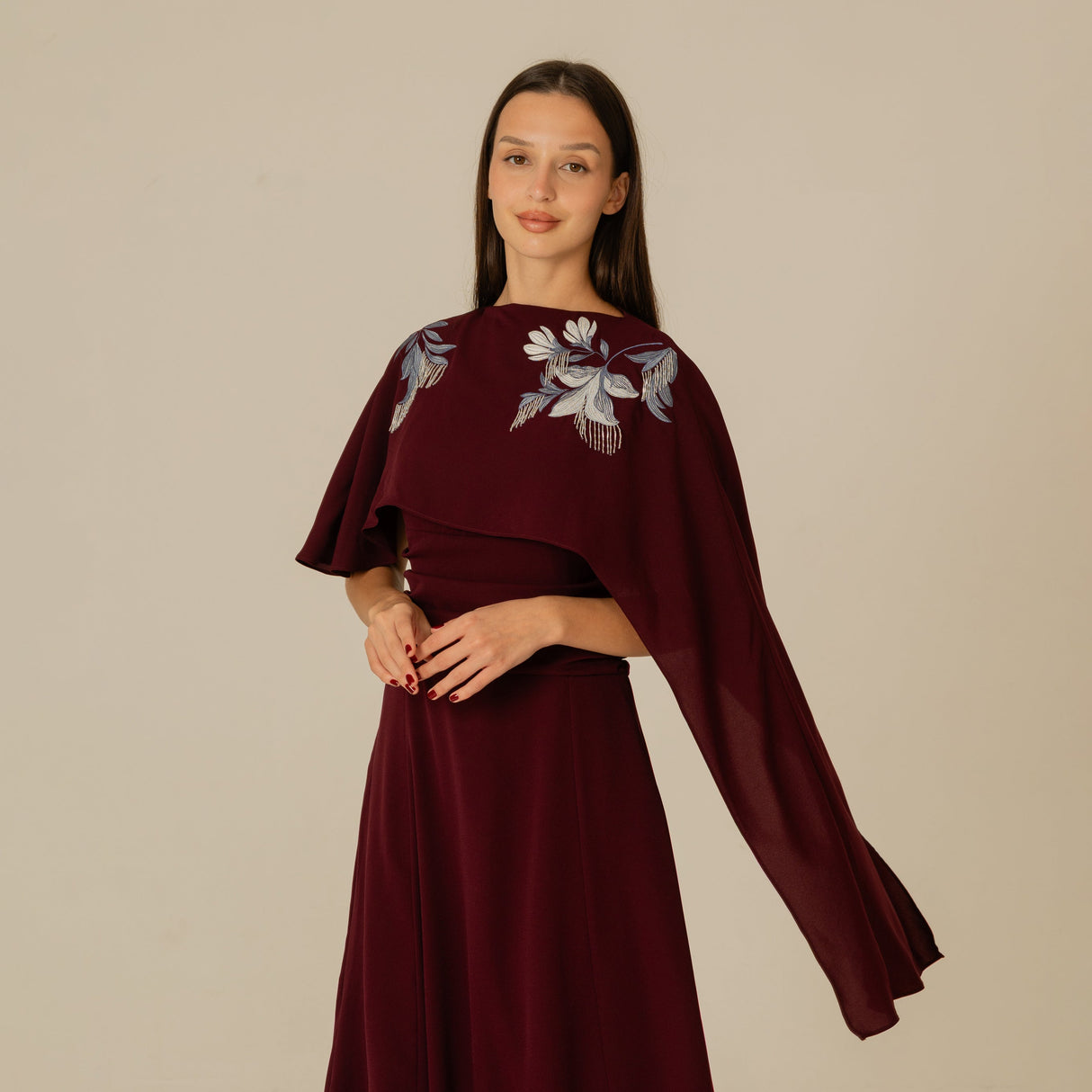 Burgundy Embellished Crepe Cape Dress - Noētic